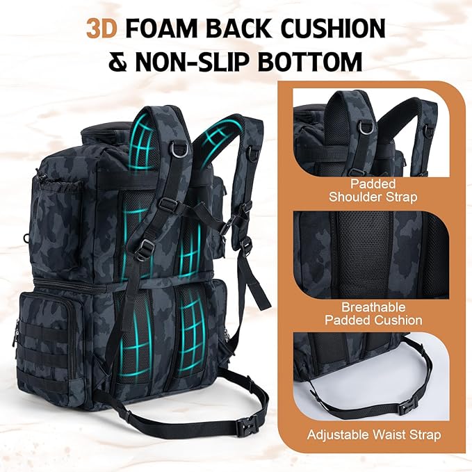 Goture Fishing Backpack, 78L 600D Water-Resistant Insulated Tackle Backpack with Cooler, Rod Holders, 8 Lure Pockets, Rain Cover, Gear Storage Large Fishing Bag for Camping Hiking(Without Tackle Box)