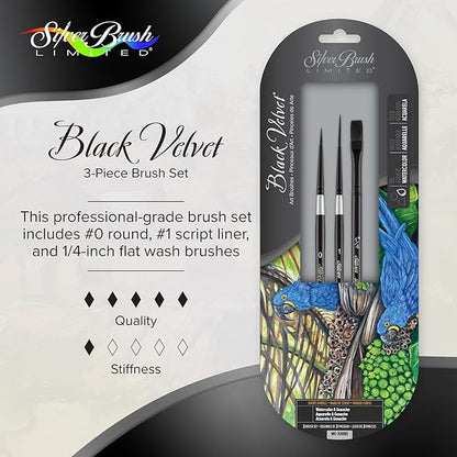 Silver Brush Limited WC-3208S Black Velvet Variety Set, Professional Premium Artist Paintbrushes for Watercolor, Gouache, Inks, & Dyes, Set of 3, Round, Script Liner, & Flat Wash Brushes, Short Handle