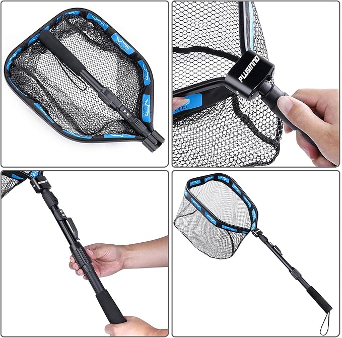 PLUSINNO Floating Fishing Net for Steelhead, Salmon, Fly, Kayak, Catfish, Bass, Trout Fishing, Rubber Coated Landing Net for Easy Catch & Release, Compact & Foldable for Easy Transportation & Storage