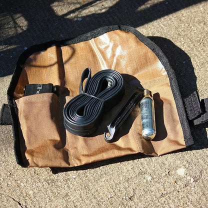 Blossom Bike Saddle Roll Bag - Bike Tool Kit Holder - Water Resistant & Durable Cordura Fabric - Under Seat cycling accessories - mountain bike accessories - ebike saddle bags (Tan)