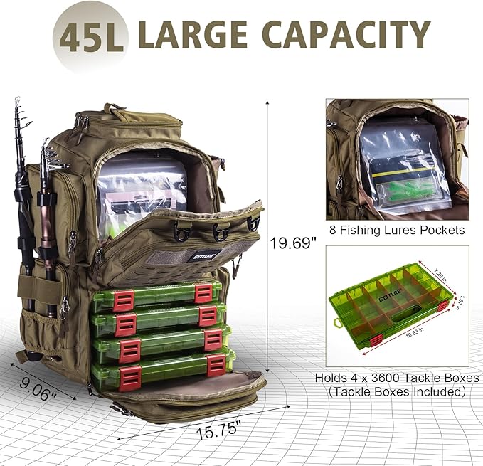 Goture Fishing Backpack with 4 Tackle Boxes,45L 600D Tackle Backpack with Rod Holders,8 Lure Pockets,Rain Cover,Large Fishing Bag Saltwater Gear Storage Bag for Camping Hiking