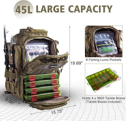 Goture Fishing Backpack with 4 Tackle Boxes,45L 600D Tackle Backpack with Rod Holders,8 Lure Pockets,Rain Cover,Large Fishing Bag Saltwater Gear Storage Bag for Camping Hiking