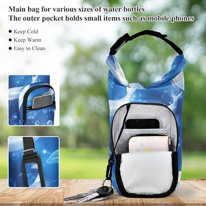 Blue Whales and Bubbles Water Bottle Holder with Strap Insulated Water Bottle Carrier Crossbody Bags Pouch with Phone Pocket for Travel Gym Hiking Walking Running
