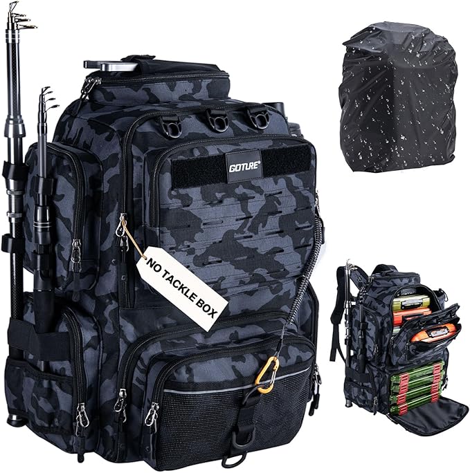 Goture Fishing Backpack,900D Water-Resistant Tackle Backpack with Rod Holders,45L Large Fishing Bag Storage Gear Tackle Bag with Rain Cover,Bottle Holder for Travel Camping Hiking(Without Tackle Box)