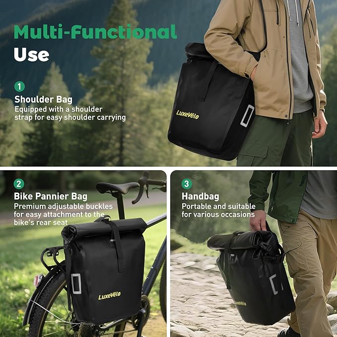 Luxevelo Lightweight Bike Pannier Bag – 27L Expandable Weather-Resistant Storage, 550D Durable PVC with Reflective Safety Strips, Multi-Functional Rack/Shoulder Bag for Commuting/Travel/Cycling