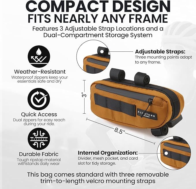 ALMSTHRE Compact Bike Frame Bag – California Gold | Weather-Resistant, Waterproof Zippers & Dual-Sided Access for Road, MTB, and Ebike Frames