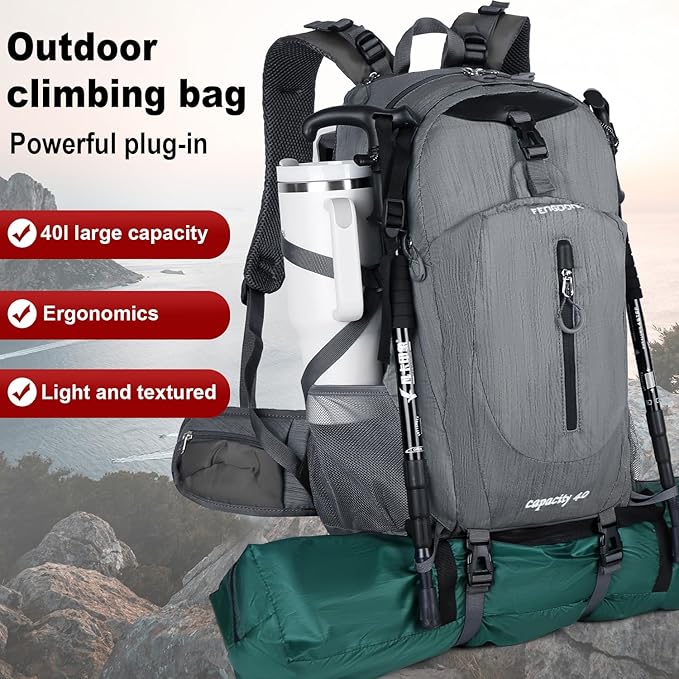 FENGDONG 40L Waterproof Lightweight Hiking,Camping,Travel Backpack for Men Women Gray