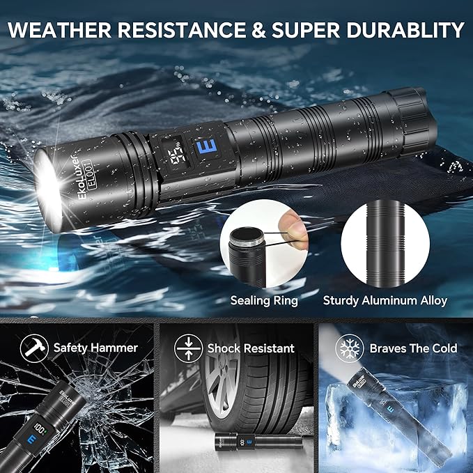 3Pack Rechargeable Flashlights High Lumens, Super Bright Flashlight with LCD Digital Display, 5Modes Adjustable LED Flashlight Tactical Flashlights High Powered, Flash Lights for Emergency