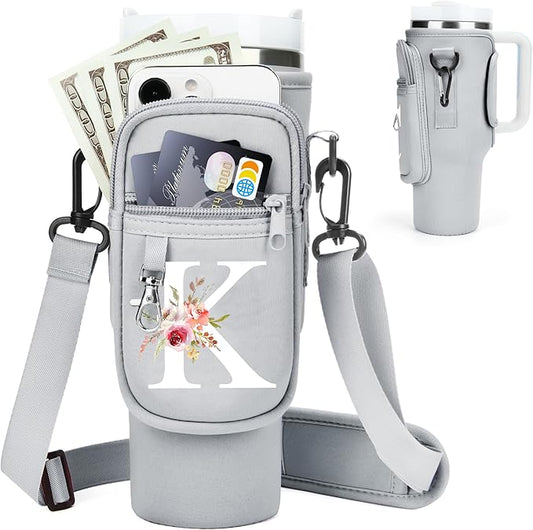 Initial Water Bottle Holder with Strap for Stanley 40 oz Tumbler/Simple Modern 40 oz Tumbler,Water Bottle Carrier Bag with Strap,Personalized A-Z Phone Pocket for Stanley Cup Accessories