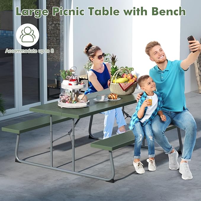 Tangkula 6 Ft Folding Picnic Table, Outdoor 8 Person Large Picnic Table Set with 2 Built-in Benches, Umbrella Hole, Metal Frame & HDPE Tabletop for Garden, Backyard (Green)