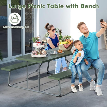 Tangkula 6 Ft Folding Picnic Table, Outdoor 8 Person Large Picnic Table Set with 2 Built-in Benches, Umbrella Hole, Metal Frame & HDPE Tabletop for Garden, Backyard (Green)