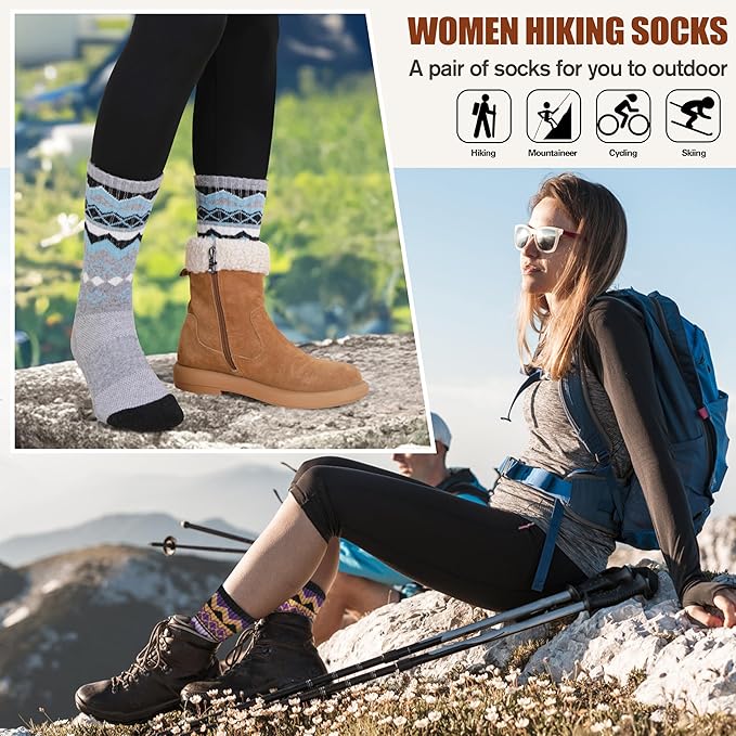 EBMORE Womens Merino Wool Hiking Socks Thermal Warm Winter Crew Cushion Work Boot Outdoor Socks 5 Pairs