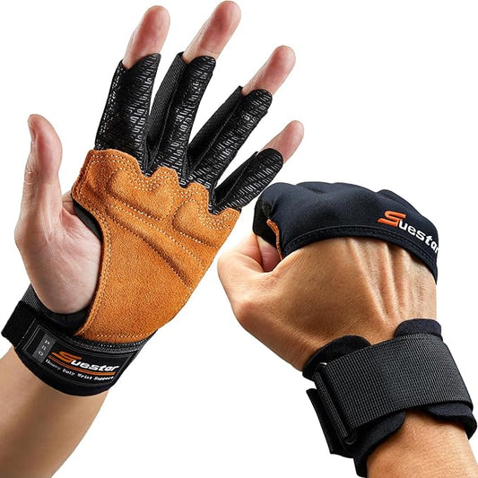 SueStar Workout Gloves, Heavy Duty Cowhide Padded Weight Lifting Gloves with Wrist Support, Full Palm Protection & Silicone Grips Gym for Weightlifting, Deadlifts, Exercise