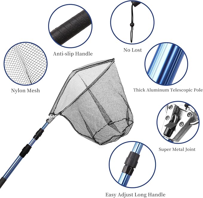 Fishing Net with Long Robust Telescopic Handle for Freshwater and Saltwater,Extend to 50.8 Inch,Foldable Nylon Mesh Landing Net