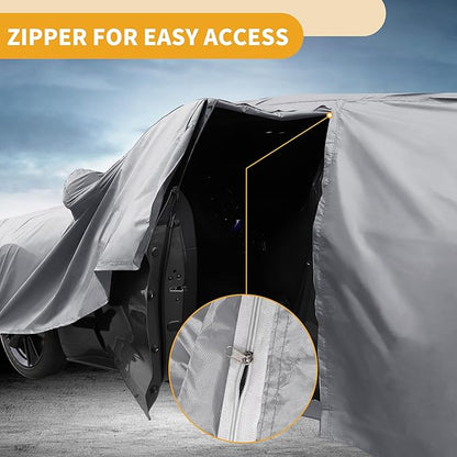 Universal Car Cover Waterproof All Weather 190T-PU, UV Sun Rain Protection, Fits for SUV Length 191"-200", with Left Side Zipper, Silver Tone