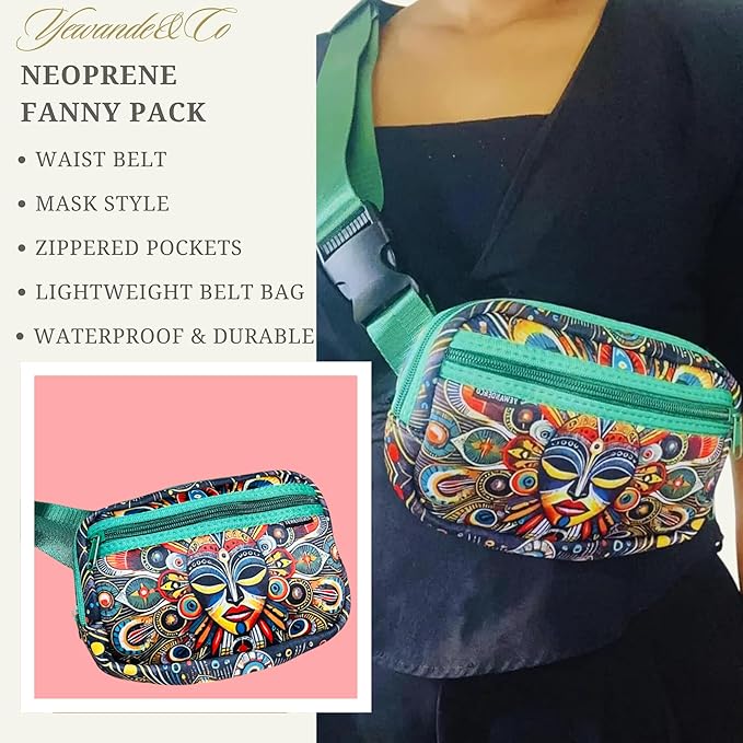 Yewande&co Neoprene Fanny Pack Belt Bag – Lightweight Waterproof Waist Bag with Adjustable Strap, 3 Zippered Pockets, Crossbody Belt Bag for Travel, African Design Crossbody Bags (Mask)