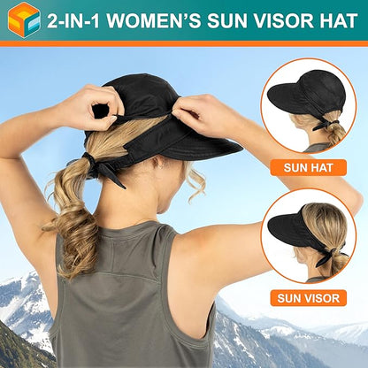 SUN CUBE Women Sun Hat for Outdoor UV Protection, Wide Brim Sun Hat Ponytail, Convertible Zip-Off Beach Hat Visor