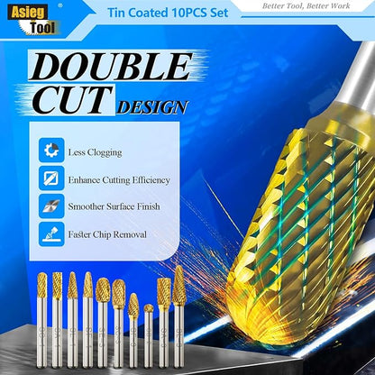Carbide Burrs TiN Set with 1/4''Shank Double Cut Solid Power Tools Tungsten Carbide Rotary Files Bits for Die Grinder Metal Wood Carving Engraving Polishing Drilling Grinding Milling Cutting 10pcs