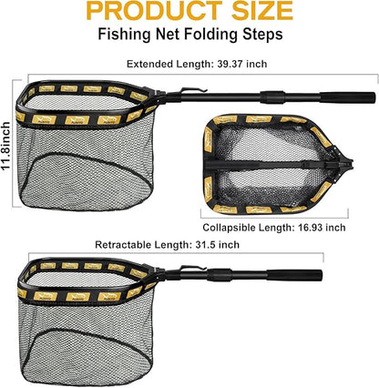 PLUSINNO Floating Fishing Net for Steelhead, Salmon, Fly, Kayak, Catfish, Bass, Trout Fishing, Rubber Coated Landing Net for Easy Catch & Release, Compact & Foldable for Easy Transportation & Storage