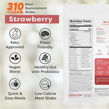 310 Nutrition All-In-One Meal Replacement Shake Powder - Plant-Based Protein Smoothie Blend w/High Fiber, Probiotics & Adaptogens - Low Carb, Vegan, Keto & Paleo Friendly - Strawberry - 14 Srv