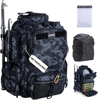 Goture Fishing Backpack, 900D Water-Resistant Tackle Backpack with Rod Holders, 45L Large Fishing Bag Storage Gear Tackle Bag with 8 Lure Pockets, Rain Cover for Camping Hiking(Without Tackle Box)