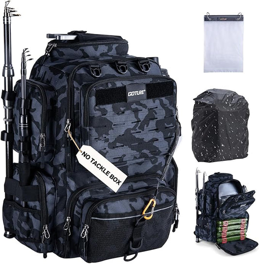 Goture Fishing Backpack, 900D Water-Resistant Tackle Backpack with Rod Holders, 45L Large Fishing Bag Storage Gear Tackle Bag with 8 Lure Pockets, Rain Cover for Camping Hiking(Without Tackle Box)