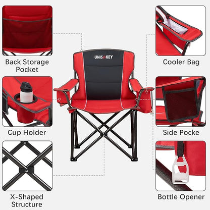 Oversized Folding Camping Chair for Adults - 450lbs Support - Heavy Duty Portable Lawn Chairs with Side Pocket Cup Holder Cooler Bag for Sports Garden Beach Fishing, Red 2 Pack