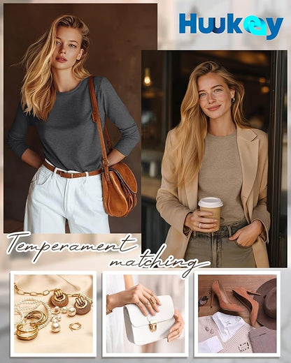 Huukeay 5 Pack Women's Crew Neck Long Sleeve Shirts, Cotton Blend Casual Clothes Workout Basic Layering Tee Tops Multipack