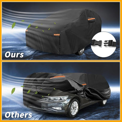 Waterproof All-Weather Universal Car Cover with Right Side Zipper, 210T-PU Black Fits for Wagon 190" to 198" Length