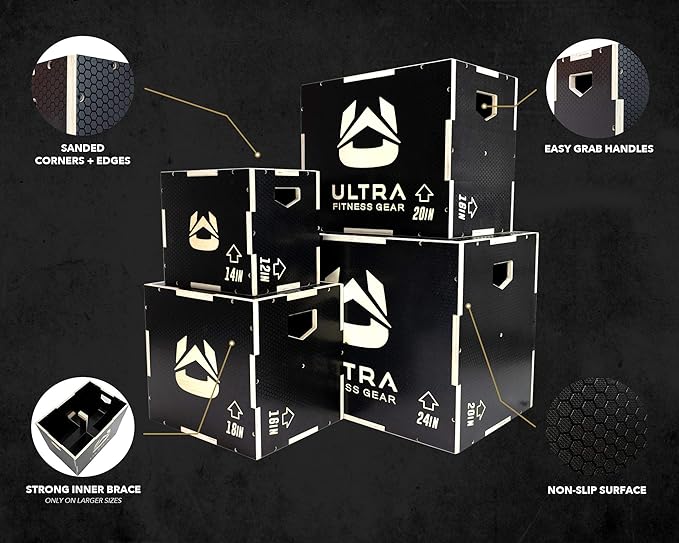 Ultra Fitness Gear Wooden Plyo Box, 31 Plyometric Jump Training Squat, Step Up, Jumps & More Workout Size S, M, L, XL