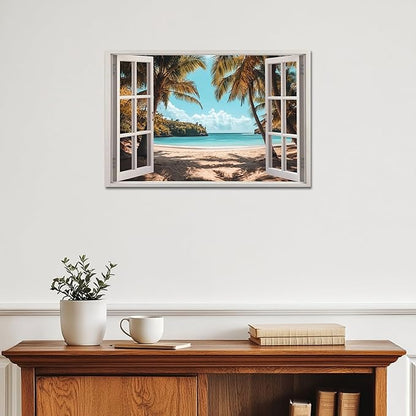 ANRUOXI Beach Wall Art, Window Frame Style Canvas Wall Decor Ocean, Blue Sea & Tropical Palm Tree Ocean Island Canvas, Paradise Scenery Nature Landscape Painting for Living Room Office Home 12x18 Inch
