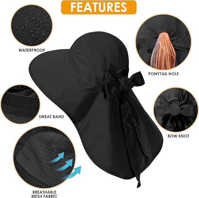Womens Sun Hat UV Protection, Foldable Waterproof Wide Brim Bucket Hats with Neck Flap for Summer Beach Fishing Hiking