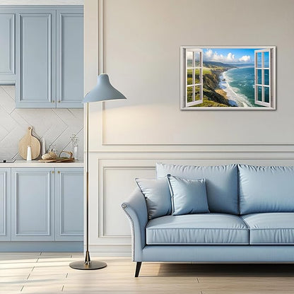 ANRUOXI Beach Window Canvas Wall Art, Enclosed Bedroom Living Room Ocean Coastal Channel Scene Picture, Tropical Sea Landscape Painting Print Artwork Horizontal Seascape Artwork for Bedroom 24x36 Inch