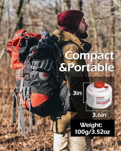 NEON Isobutane Fuel Canister, Portable Camping Gas 100g, Efficient and High Output Butane for Camp Stove, Backpacking, Hiking, Lanterns, Outdoor Cooking, Suitable for All Seasons