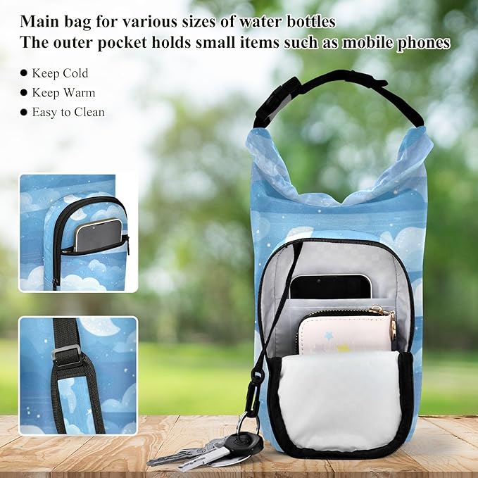 Blue Gradient Cloud and Stars Water Bottle Holder with Strap Insulated Water Bottle Carrier Crossbody Bags Pouch with Phone Pocket for Travel Gym Hiking Walking Running