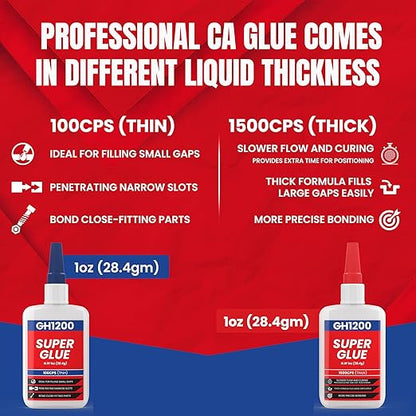 GH1200 57 Grams (2 oz) 100/1500 CPS (Thin/Thick) Super Glue All Purpose with Anti Clog Cap. Ca Glue - Adhesive SuperGlue. Cyanoacrylate Glue for Hard Plastics, DIY Craft, Metal 1 Oz Each