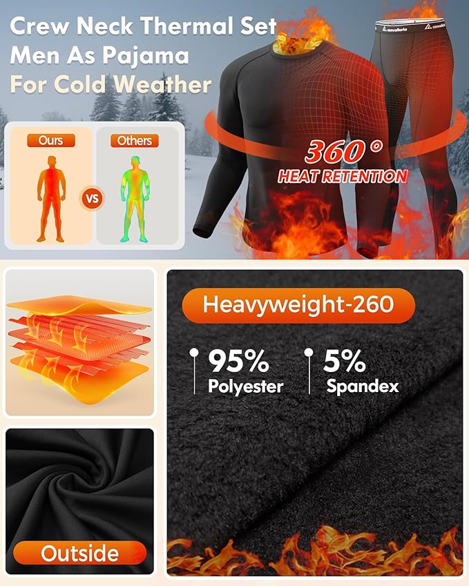 CL convallaria Thermal Underwear for Men Long Johns Fleece Lined Hunting Gear Set Base Layer for Cold Weather XS-4XL