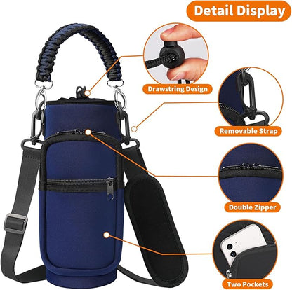 32/40/64/128 oz Neoprene Insulated Water Bottle Carrier Bag, Sling Bag Sleeve Pouch Holder with Strap & Paracord Handle and 2 Pocket for Travelling, Hiking, Camping