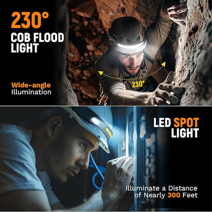 Headlamp Flashlight, 2Pack Rechargeable LED Headlamps 1200Lumens 2 COB 230°Wide Beam Headlight with Motion Sensor Bright 5 Modes Lightweight Waterproof Head Lamp for Outdoor Running, Camping Hiking