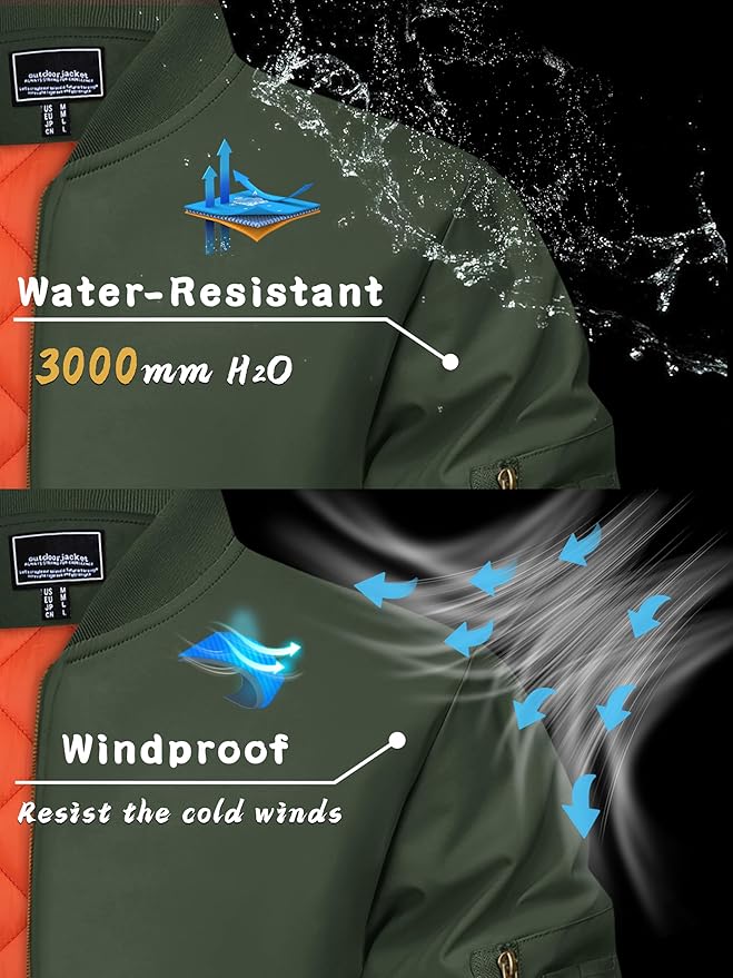 KEFITEVD Men's Jacket Casual Windproof Bomber Jackets Full Zip Windbreaker Warm Winter Padded Coats