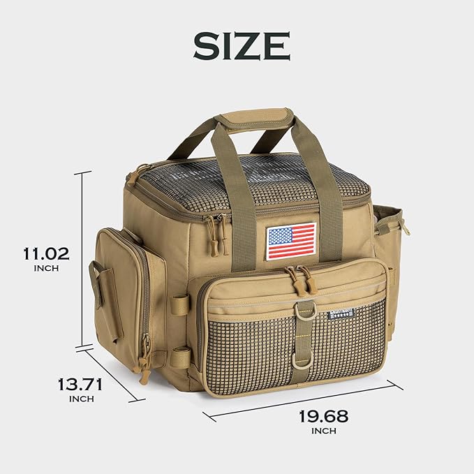 Ghosthorn Fishing Tackle Bag with Rod Holder Saltwater & Freshwater Resistant Large Tackle Box Bag - Adjustable Padded Shoulder Strap (Khaki)