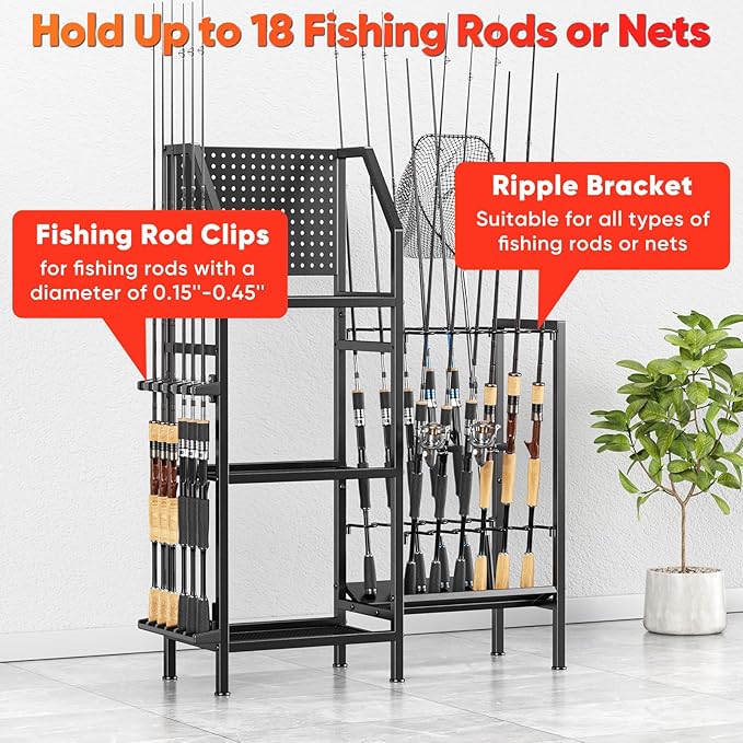 Fishing Rod Holders for Garage,Fishing Rod Rack Storage up to 18 Rods,3 Tier Adjust Heavy Duty Metal Fish Pole Stand Organizer with Pegboard for Fishing Gear and Equipment Accessories