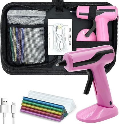 Cordless Hot Glue Gun Kit with 30pcs Mini Glue Sticks, USB Rechargeable Mini Glue Gun with Carrying Case, Stand-Up Base, Smart Power-Off Hot Melt Glue Gun for Crafting, Pink