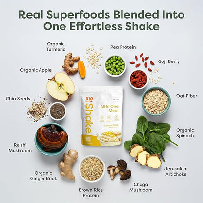 310 Nutrition All-In-One Meal Replacement Shake Powder - Plant-Based Protein Smoothie Blend w/ High Fiber, Probiotics & Adaptogens - Low Carb, Vegan, Keto & Paleo Friendly - Lemon Cake - 14 Servings