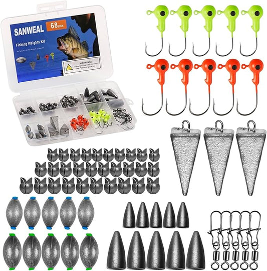 Fishing Weights Sinkers Kit, Fishing Tackle Kit, Includes Jig Head Hooks, Swivels & Sinker Weights for Bass Trout, Gifts for Men, Kids