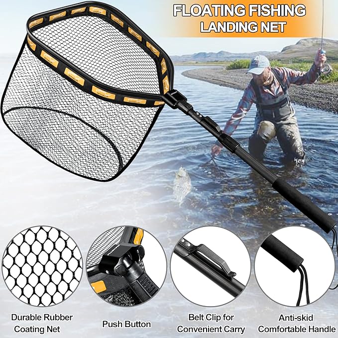 PLUSINNO Floating Fishing Net for Steelhead, Salmon, Fly, Kayak, Catfish, Bass, Trout Fishing, Rubber Coated Landing Net for Easy Catch & Release, Compact & Foldable for Easy Transportation & Storage