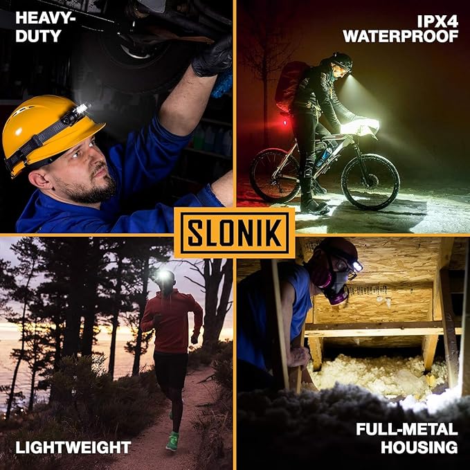 SLONIK Rechargeable Headlamp for Adults - 1000 Lumens Super Bright 60 ft Beam LED Flashlight - Lightweight, Heavy-Duty, IPX4 Waterproof Hard Hat Light - Camping Gear, Running Headlight, Black
