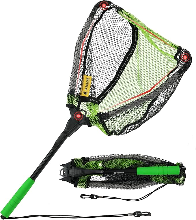 Black Paw Floating Fishing Net Foldable Telescopic Fish Landing Net with Built in Length Scale Rubber Coated for Kayak, Fly, Trout