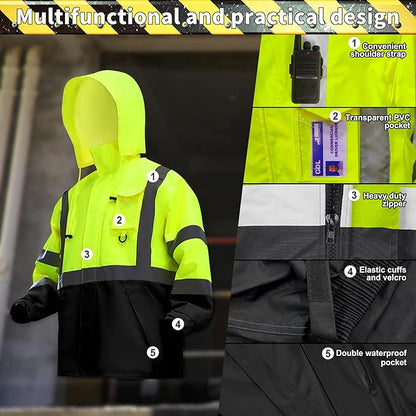 Safety Rain Jacket for Men Waterproof，Class 3 Hi Vis Rain Gear with Collapsible Hood， Breathable Rain Suits with Inner Mesh Lining and pocket，Reflective Waterproof Pants 4XL/5XL