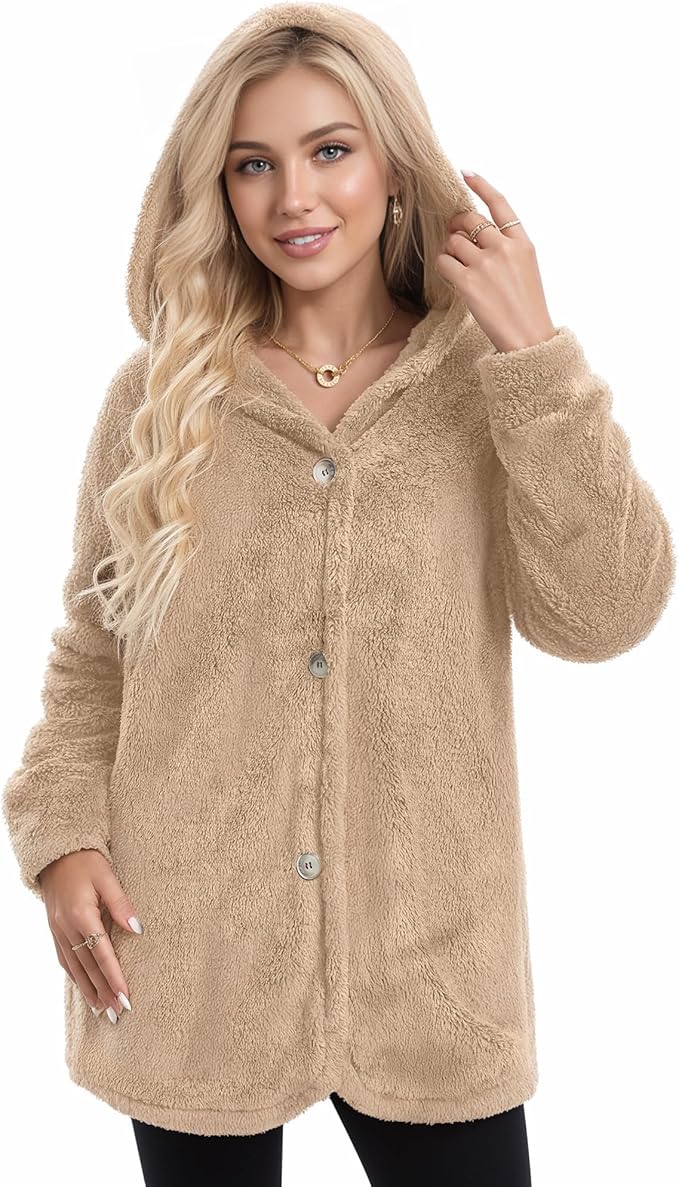 MANGOPOP Womens Fleece Jacket 2025 Winter Oversized Fuzzy Hooded Coat Button Cardigan Sherpa Sweaters Outerwear with Pockets